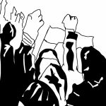 sketch of people raising their fists (black and white)